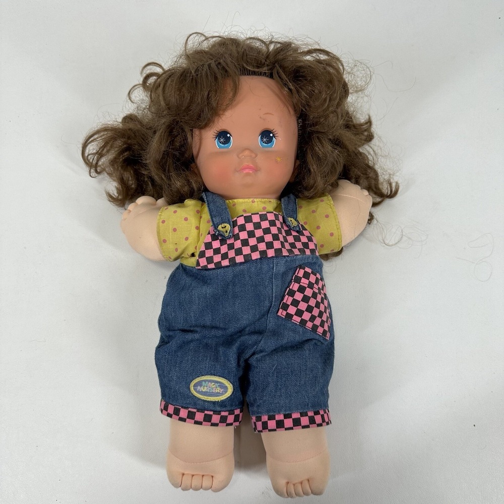 Magic Nursery Baby Doll Brown Hair Blue‎ Eyes Bib Overalls Vintage 1989 Mattel